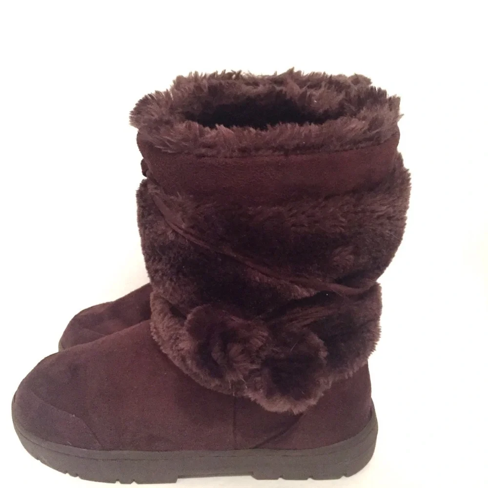 Furry Fuzzy Genuine Leather Pull-on Women’s Winter Boots Size 10 Brown
